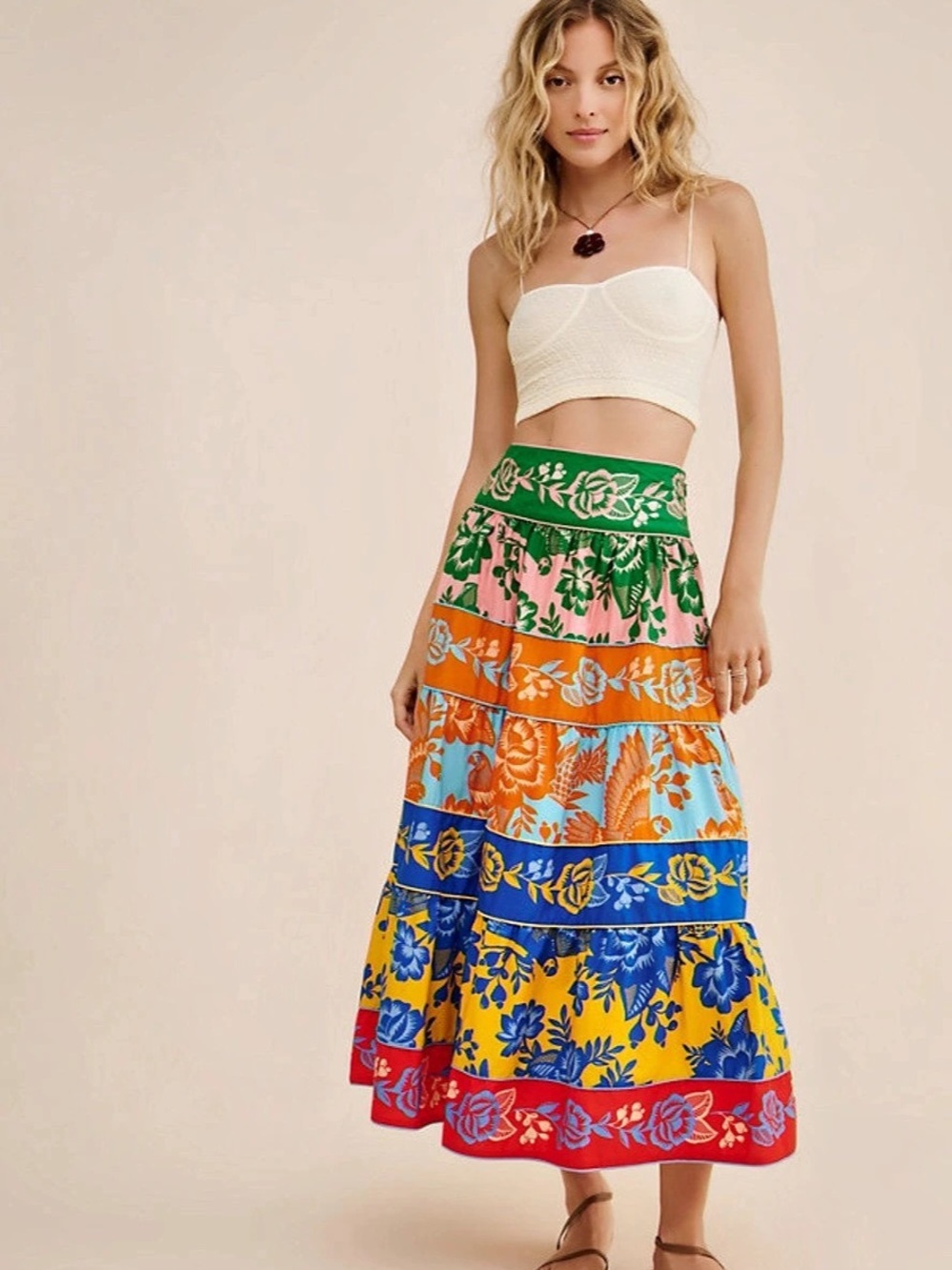 FARM Rio Floral Tiered Midi Skirt in Blue & Green
